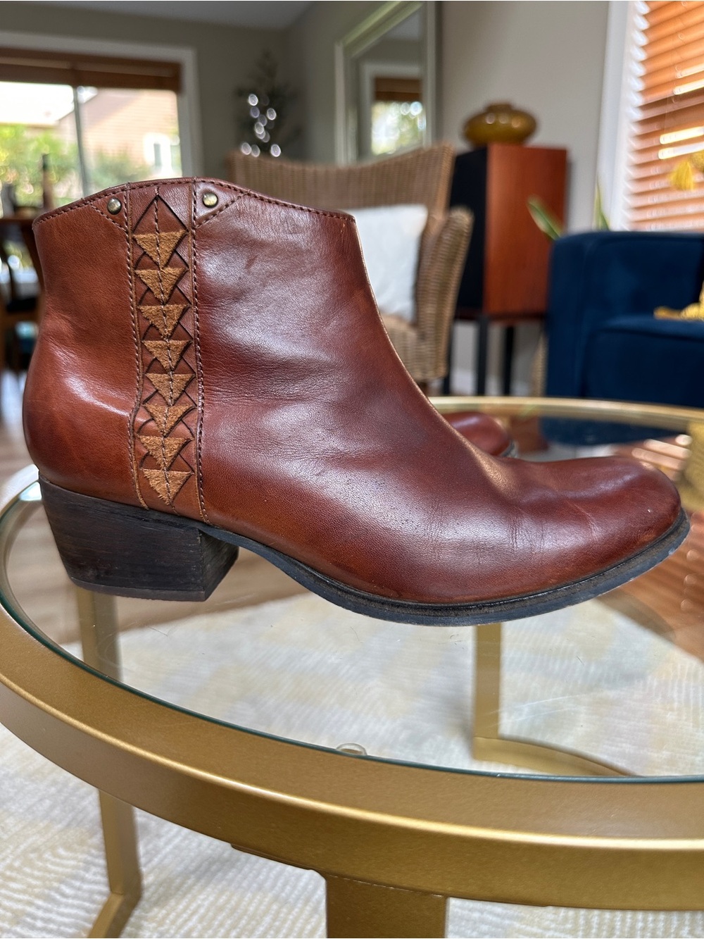 Clarks Maypearl Fawn leather ankle boots, with a geometric suede detail